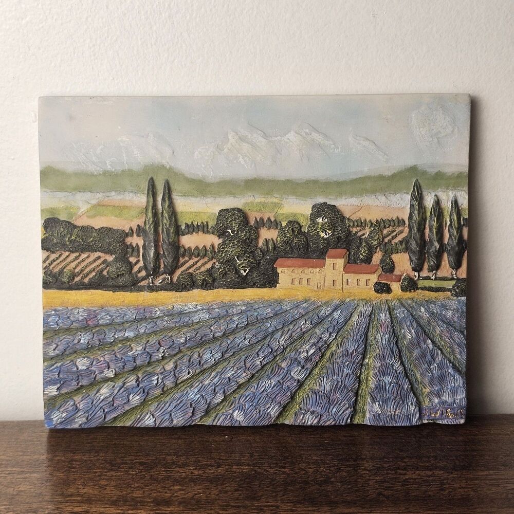 Small Signed French Tuscan Lavender Field 3D Relief Wall Plaque 6"x5"